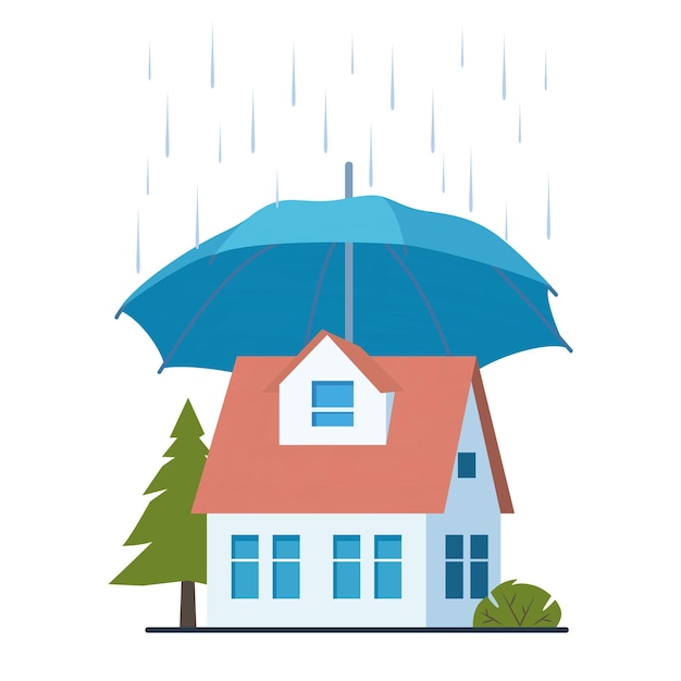 House insurance concept Real estate protection flat cartoon house protected under umbrella