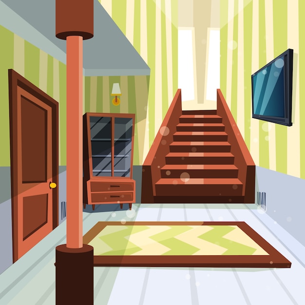 Vector house interior. apartment light room hallway with staircase and storage room cartoon illustrations