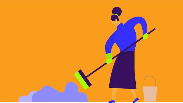 House keeper cleaning and dusting the floor flat design