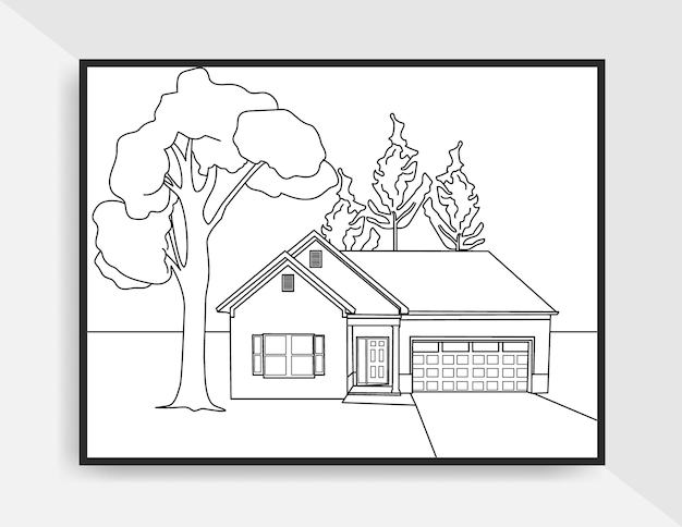 House landscape line art for coloring page or poster