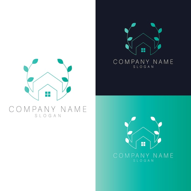 House and leaves logo template vector. Luxury real estate logotype. Flat logo design.