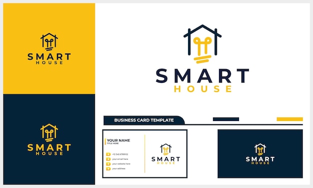 House and light bulb lamp logo design combination with line art style and business card template