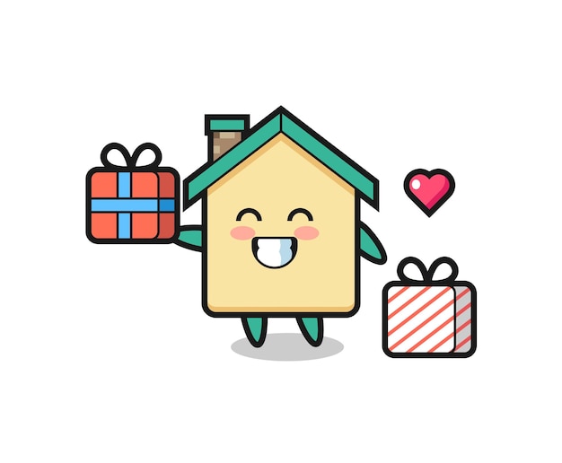 House mascot cartoon giving the gift , cute design