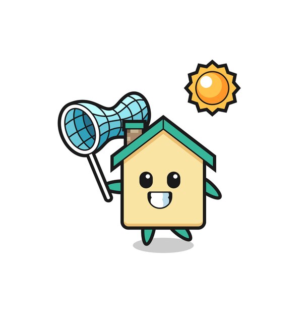 House mascot illustration is catching butterfly , cute design