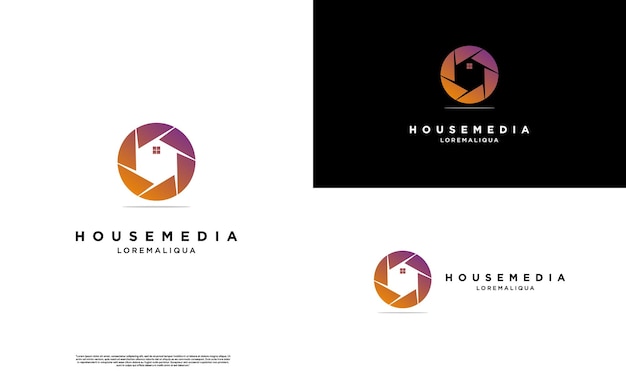 ハウスメディアロゴデザインモダンなコンセプトの家、カメラのロゴのグラデーションカラー