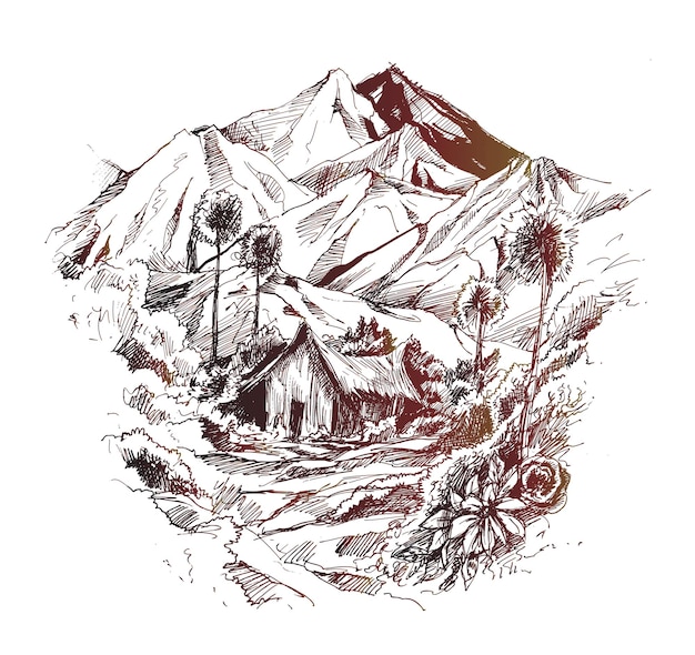 House in mountain landscape Hand Drawn Sketch Vector illustration