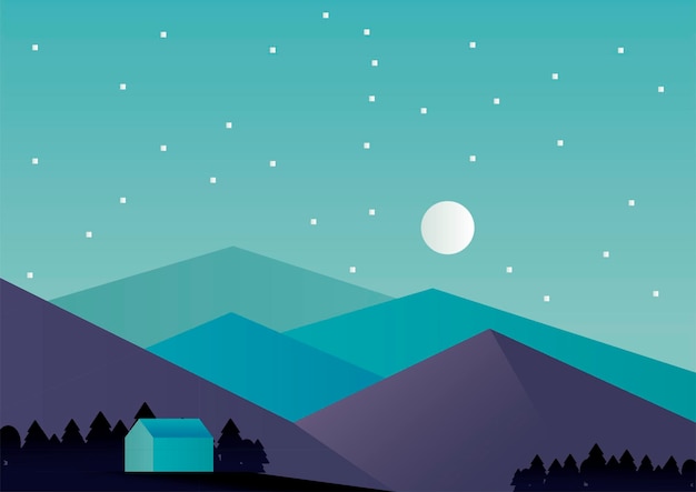house and mountains in the night aventure landscape scene vector illustration design