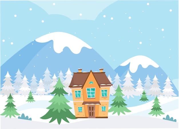 House in mountains surrounded by fir trees at winter time christmas winter illustration