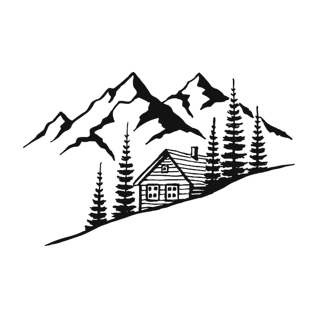 Vettore casa in montagna con alberi di pino. paesaggio nero su sfondo bianco. picchi rocciosi disegnati a mano nello stile di abbozzo. illustrazione vettoriale.