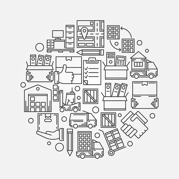 House moving vector concept round illustration in thin line style