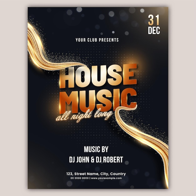 Vector house music party flyer design with golden shiny abstract waves on black background