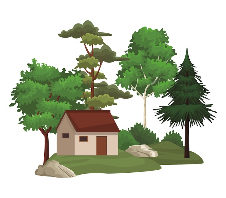 Vector house in nature landscape scenery 