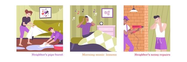 Vector house neighbors conflict set with morning music symbols flat isolated