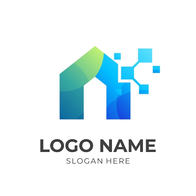 House of technology logo sjabloon huis en pixel combinatie logo met 3D blauwe en groene kleurstijl