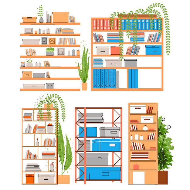 Vector house and office bookshelf, bookcase, bookrack or stand with boooks, accessories, office paper and folder with greenery, plants in pots. home and office shelf set, flat illustration