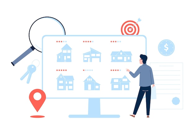 Vettore concetto di ricerca online di case appartamento per servizi immobiliari digitali per studenti app per la ricerca di proprietà mobili in affitto recente illustrazione del concetto vettoriale della ricerca online di case