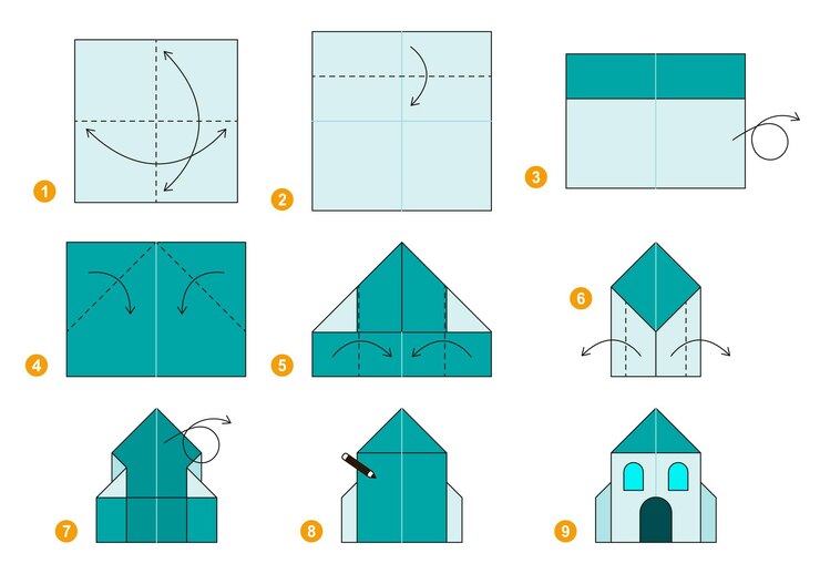 Vector house origami scheme tutorial moving model origami for kids step by step how to make a house