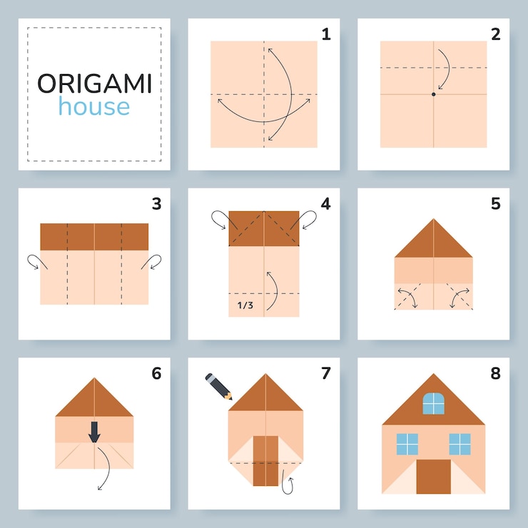 Vector house origami scheme tutorial moving model origami for kids step by step