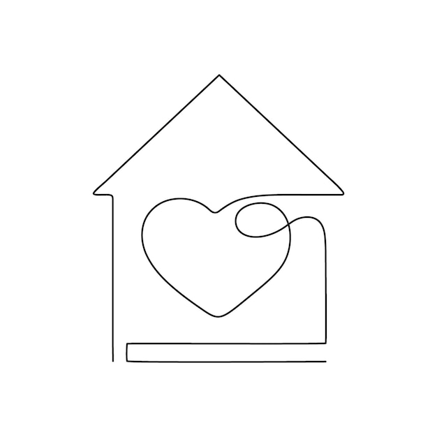 House outline with heart inside home residential building continuous one art line Care and safe