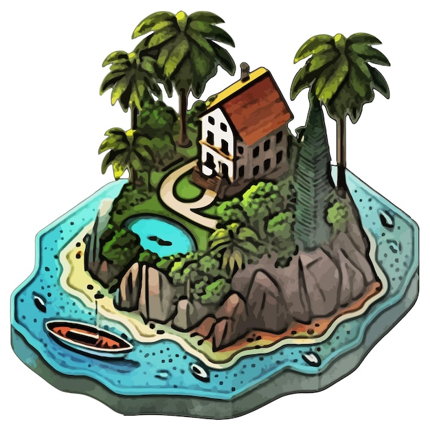 Vector house palm rock ship island watercolor vector illustration