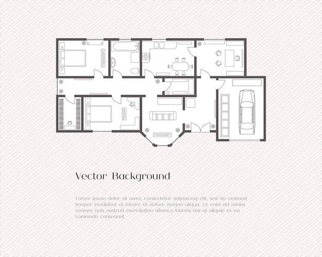 Вектор Фон плана дома для открытки или баннера, шаблона презентации, недвижимости, социальной рекламы или обложки ноутбука, плаката, открытки. здание с мебелью. векторная иллюстрация.