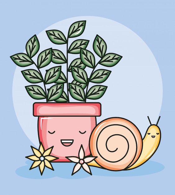 House plant in ceramic pot with snail kawaii style