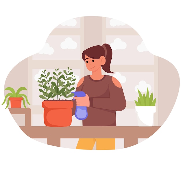 Vector house plant gardening illustration_woman spraying plants