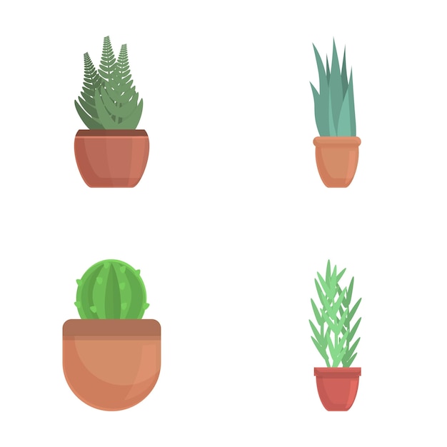 家の植物のアイコンセット カートゥーンベクトル 家の植物と花のポット
