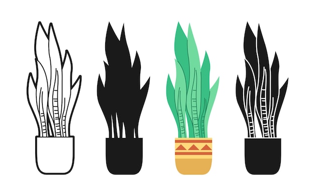 観葉植物の花瓶漫画セット観葉植物植木鉢鉢植えセラミック ホーム落書き線アイコン スタイル