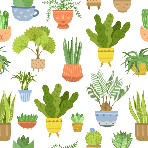 House plant pattern Interior plants background abstract scandinavian potted flowers Succulent and cacti urban jungle exact vector seamless texture