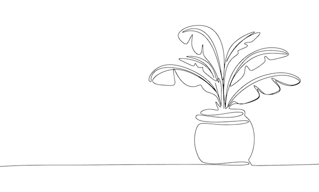 House plant in pot isolated on white background One line continuous home plant Line art outline