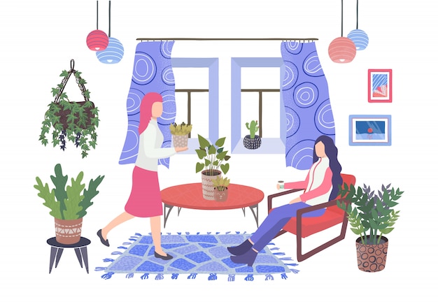 Piante domestiche in salone e due donne che riposano e che si rilassano nell'illustrazione piana del giardino domestico.