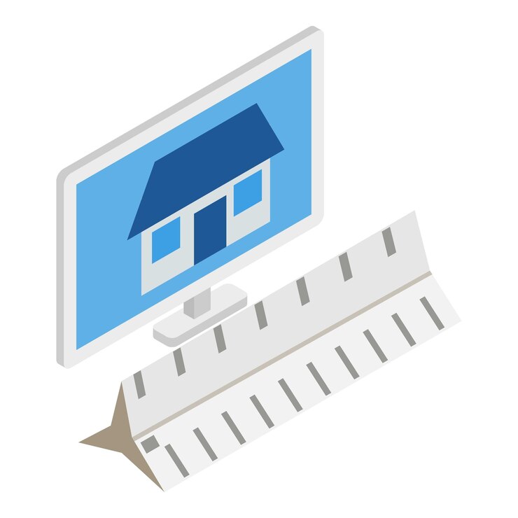 Vector house project icon isometric vector building on monitor and three sided ruler construction and engineering equipment