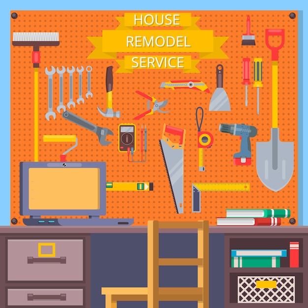 Vector house remodel tools. construction concept with flat icons.