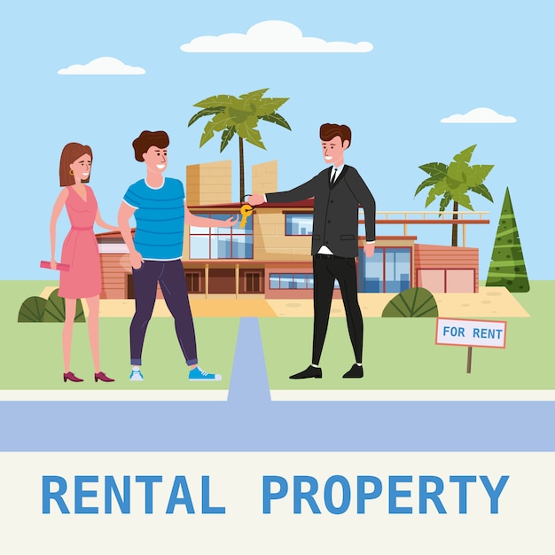 ¡house rent service. modern family characters rent new luxury villa or big appartment sales manager hands over the keys.