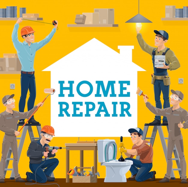 House repair and construction workers, work tools