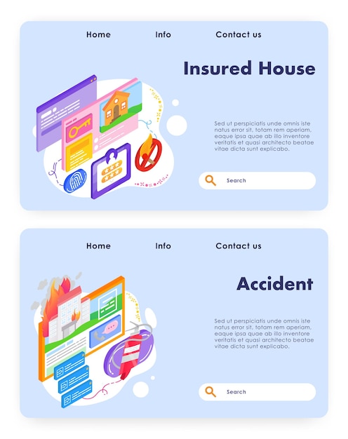 House safety and home insurance house security fire and accident protection vector web site design t...