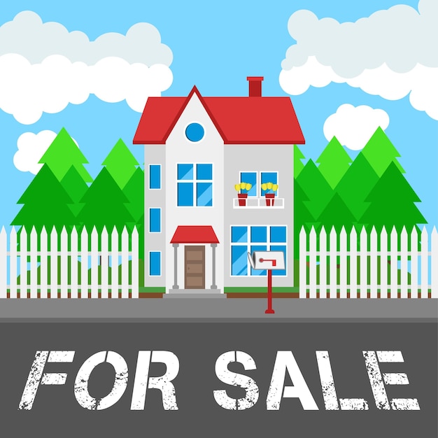 House for sale along the road. part of the rural and urban landscape. vector illustration in flat style.