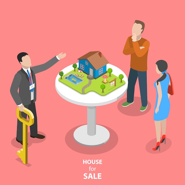 Vector house for sale isometric flat vector concept.