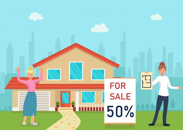 주택 판매, 부동산 중개사 개념 플랫