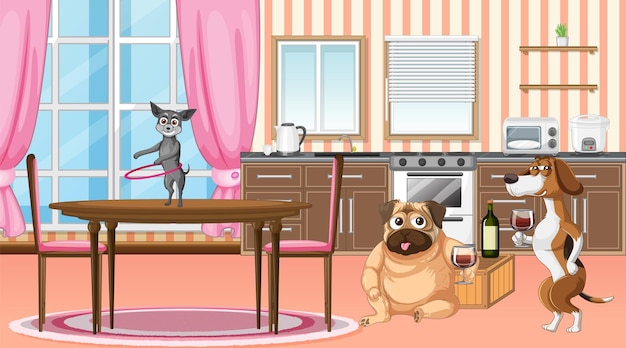 in house scene with dogs drinking wine