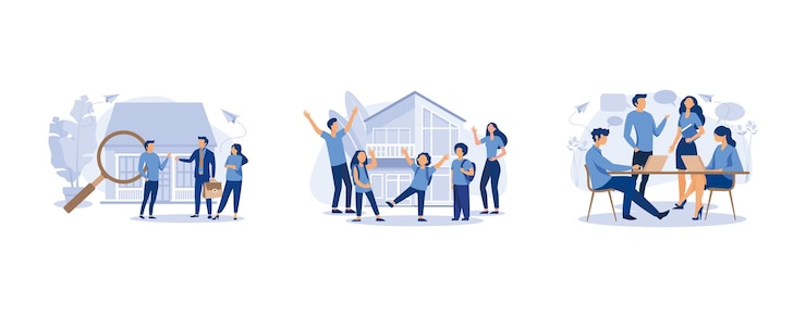 Vector house selection and search, parents rejoice with their children stand next to a new house,