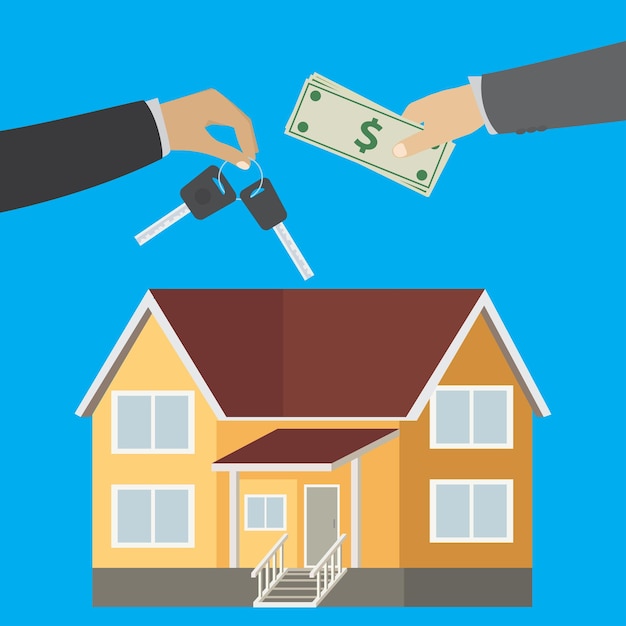 House seller hand giving key to buyer. buying or renting,real estate business,flat vector concept illustration