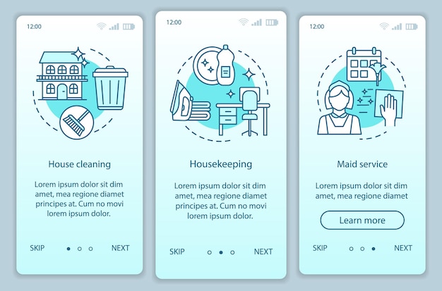 House service onboarding mobile app page screen, linear concepts. house cleanup. maid service. three walkthrough steps graphic instructions. housekeeping. ux, ui, gui vector template, illustrations