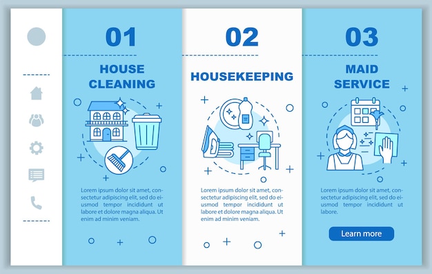 Modello vettoriale di pagine web mobili per l'onboarding del servizio domestico. faccende domestiche. servizio di pulizia. idea di interfaccia web per smartphone reattiva, illustrazione lineare. schermata della procedura dettagliata della pagina web. concetto di colore