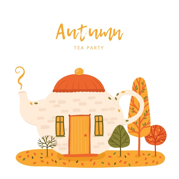 House in the shape of a teapot Autumn tea Home comfort poster in flat style