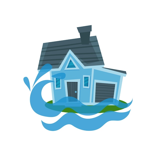 Vector house sinking in a water, property insurance vector illustration isolated on a white background