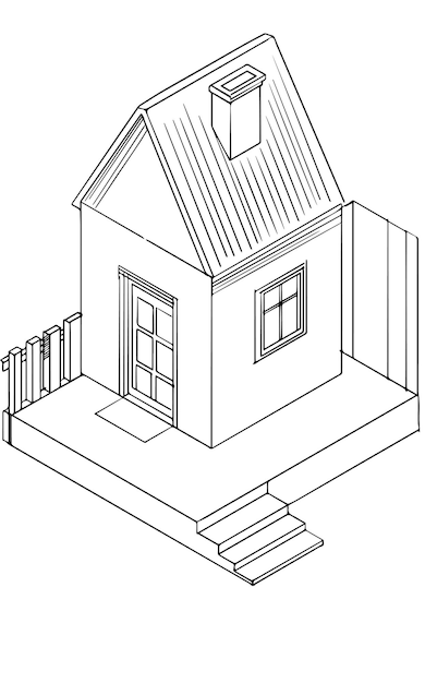 Schizzo della casa disegno isometrico di una casa a un piano con un tetto una finestra e una porta una recinzione e gradini