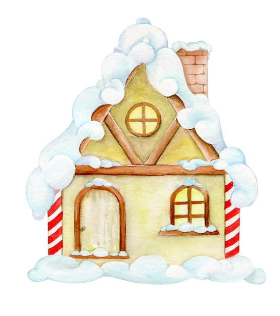 House in the snow, in cartoon style. watercolor, clipart, for christmas card