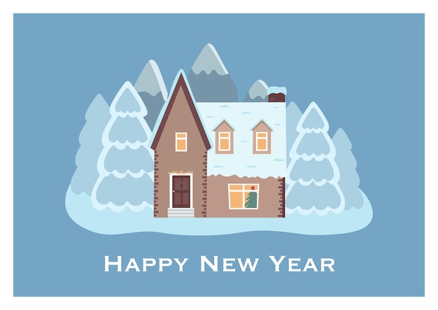 House in the snow. Christmas card background poster. Vector illustration.